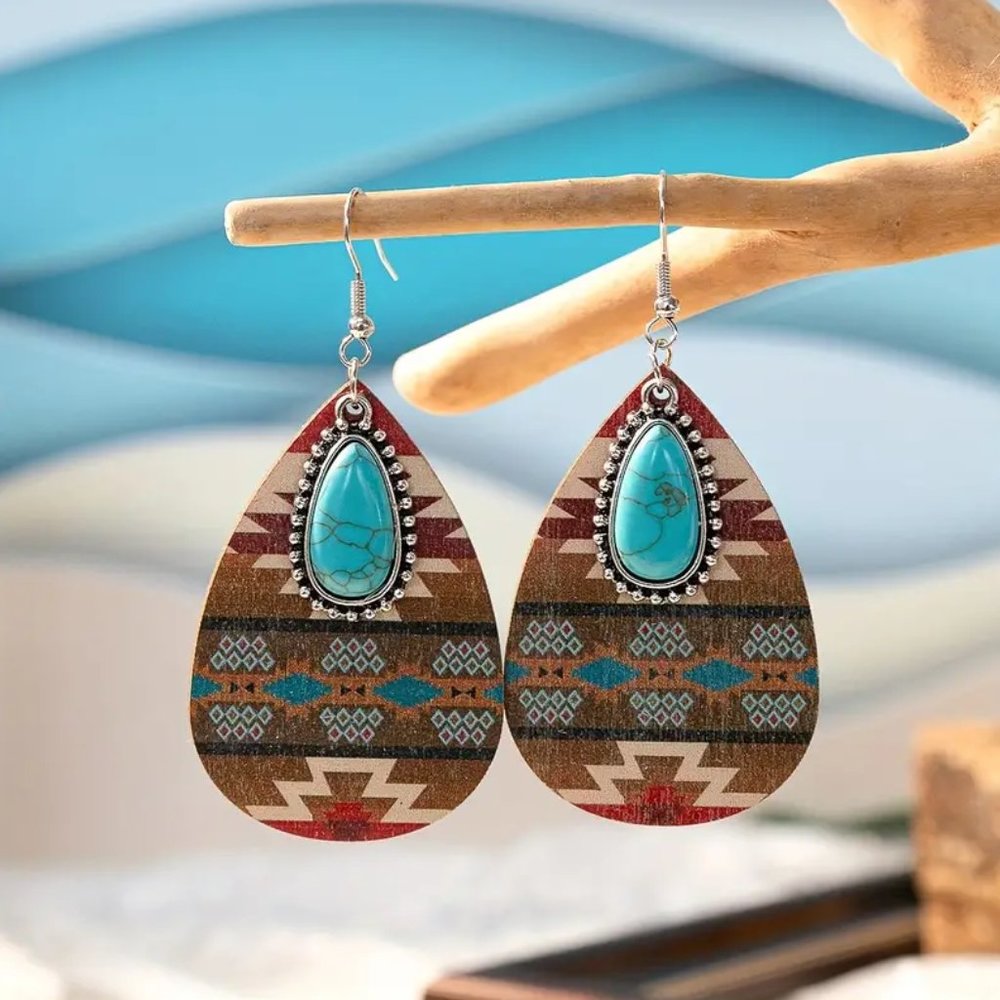 Boho Southwestern Turquoise & Tribal Aztec Wood Teardrop Dangle Earrings NEW - Picture 8 of 9